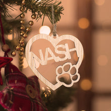 Load image into Gallery viewer, Personalized Wood Heart Dog Paw Name Christmas Ornament