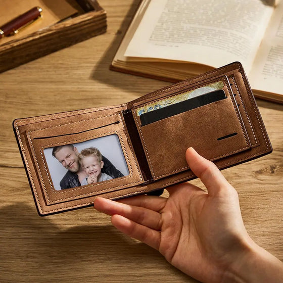 Personalized Unisex Bifold Leather Wallet – Custom Engraved Photo Wallet Father’s Day Gift