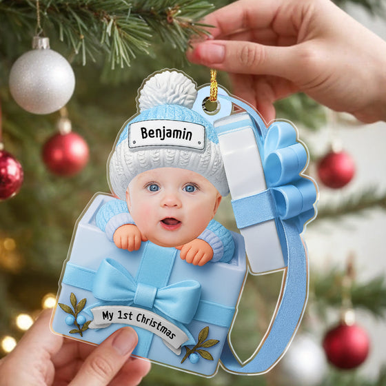 Custom Baby Face & Text Acrylic Ornament – Personalized Newborn Christmas Keepsake