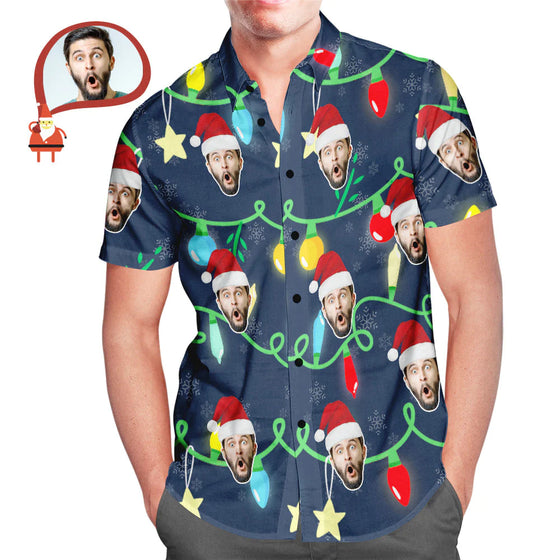 Custom Face Men’s Christmas Lights Hawaiian Shirt – All-Over Print Holiday Gift