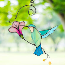 Load image into Gallery viewer, Glass Blue Bird Suncatcher with Flower – Window & Wall Hanging Gift for Bird Lovers