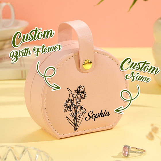 Personalized Birth Flower PU Leather Jewelry Box with Name – Gift for Her