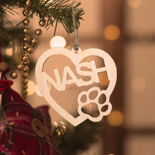 Load image into Gallery viewer, Personalized Wood Heart Dog Paw Name Christmas Ornament