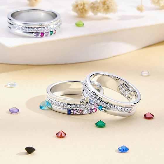 Personalized Birthstone Family Ring – Engraved Text Jewelry Gift for Mom or Grandma