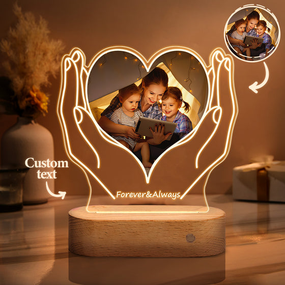 Custom Photo & Text Heart-Shaped Acrylic Night Light – Warm Glow Gift