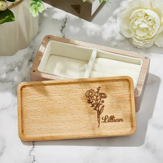 Personalized Birth Flower Jewelry Box with Custom Name – Gift for Her