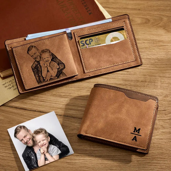 Personalized Unisex Bifold Leather Wallet – Custom Engraved Photo Wallet Father’s Day Gift