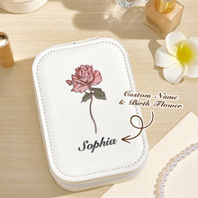 Load image into Gallery viewer, Personalized Birth Flower PU Leather Jewelry Box with LED Makeup Mirror – Birthday Gift for Her
