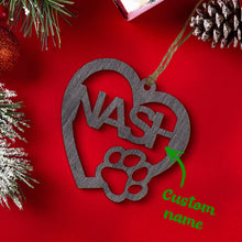 Load image into Gallery viewer, Personalized Wood Heart Dog Paw Name Christmas Ornament
