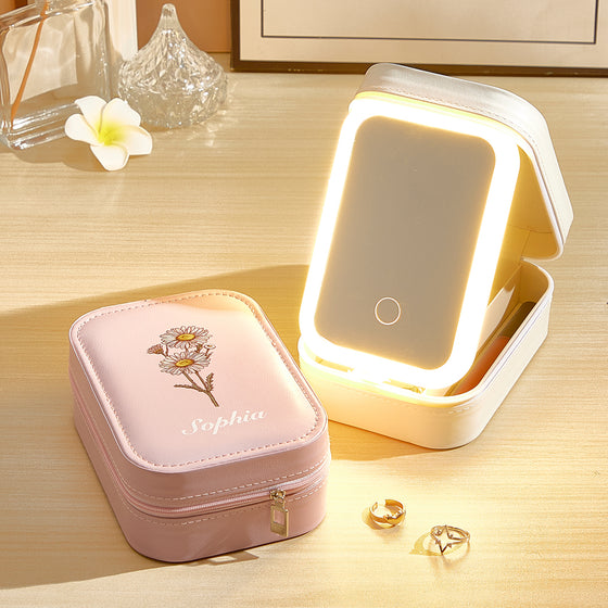 Personalized Birth Flower PU Leather Jewelry Box with LED Makeup Mirror – Birthday Gift for Her