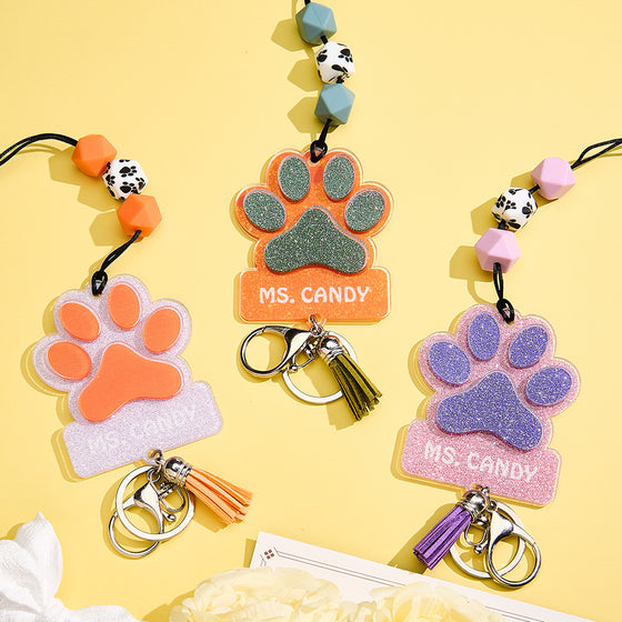Personalized Glitter Paw ID Badge Lanyard with Text Beads and Tassels for Teachers and Pet Lovers