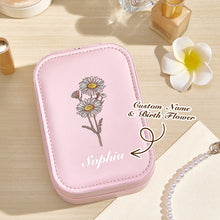 Load image into Gallery viewer, Personalized Birth Flower PU Leather Jewelry Box with LED Makeup Mirror – Birthday Gift for Her
