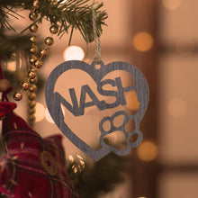 Load image into Gallery viewer, Personalized Wood Heart Dog Paw Name Christmas Ornament
