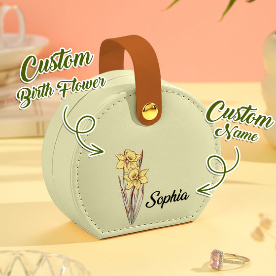 Personalized Birth Flower PU Leather Jewelry Box with Name – Birthday Gift for Her