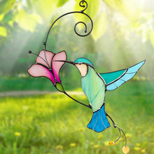 Load image into Gallery viewer, Glass Blue Bird Suncatcher with Flower – Window &amp; Wall Hanging Gift for Bird Lovers
