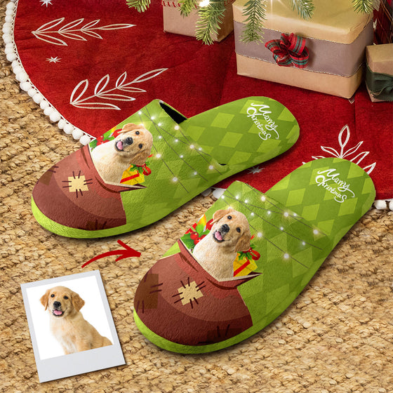 Custom Christmas Cotton Slippers – Personalized Photo Gift Bag Pattern House Shoes