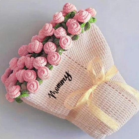 Custom Name Hand-Knitted Rose Blanket – Ready-Made Mother’s Day Gift (80–150 cm)