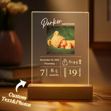 Load image into Gallery viewer, Custom Baby Birth Info Night Light – Personalized Photo Acrylic Newborn Keepsake
