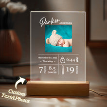 Load image into Gallery viewer, Custom Baby Birth Info Night Light – Personalized Photo Acrylic Newborn Keepsake
