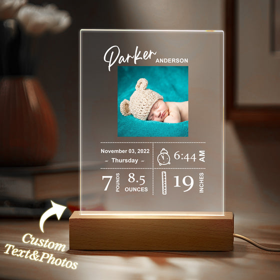 Custom Baby Birth Info Night Light – Personalized Photo Acrylic Newborn Keepsake