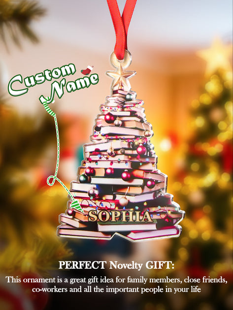 Personalized Christmas Book Tree Name Ornament – Book Lover Decoration