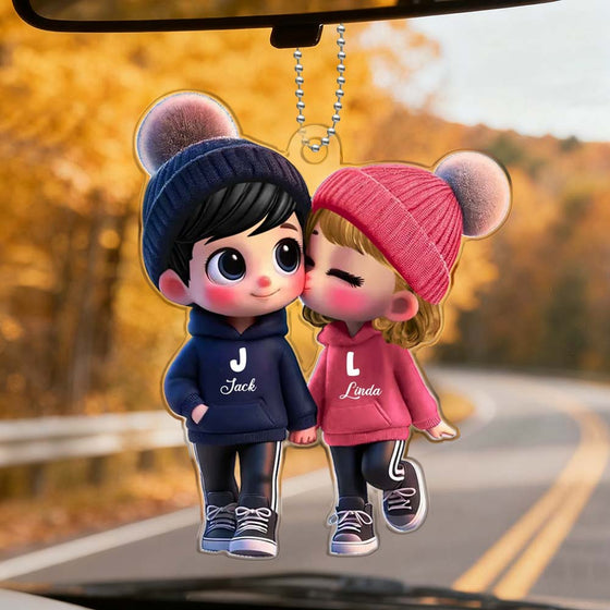 Custom Couple Cartoon Car Hanging Ornament – Personalized Name Decoration