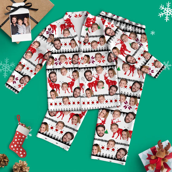 Custom Face White Christmas Pajamas with Reindeer – Long Sleeve Set