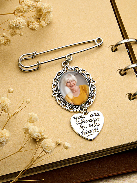 Personalized Angel Wings Photo Charm Brooch – Wedding Memorial Gift for Bride