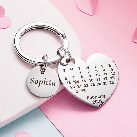 Custom Engraved Heart Calendar Keychain – Save the Date Gift
