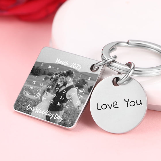 Personalized Photo Engraved Calendar Silver Keychain – Anniversary Gift