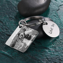 Load image into Gallery viewer, Personalized Photo Engraved Calendar Silver Keychain – Anniversary Gift