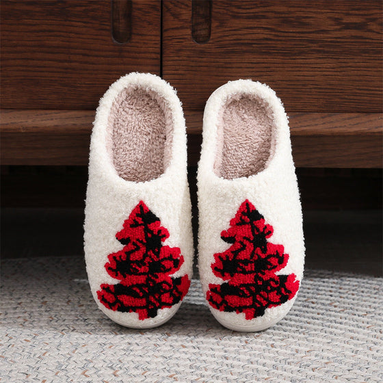 Red Christmas Tree Cotton Slippers – Cozy Holiday Home Shoes
