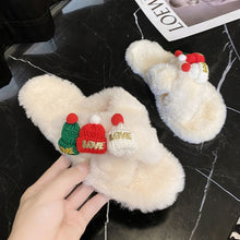 Load image into Gallery viewer, Christmas Hat Criss Cross Fluffy Slippers – Cozy Holiday Bedroom Footwear
