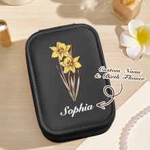 Load image into Gallery viewer, Personalized Birth Flower PU Leather Jewelry Box with LED Makeup Mirror – Birthday Gift for Her

