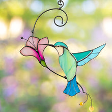 Load image into Gallery viewer, Glass Blue Bird Suncatcher with Flower – Window &amp; Wall Hanging Gift for Bird Lovers
