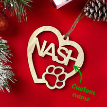 Load image into Gallery viewer, Personalized Wood Heart Dog Paw Name Christmas Ornament
