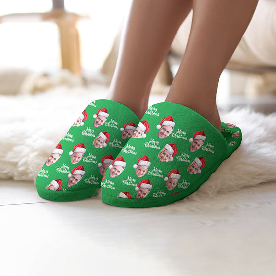 Custom Unisex Christmas Slippers – Personalized Green Cotton House Slippers