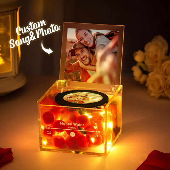 Personalized Mini Music Record Player with Custom Photo and Light Acrylic Box