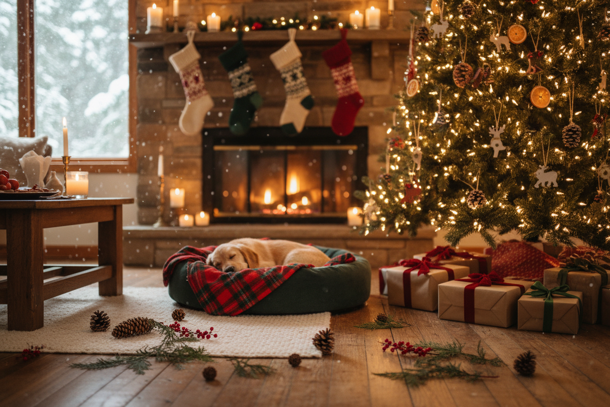 Give me a image that I can use for pets collection, with christmas theme. I want to have a christmasy background with all nice stuff. please try to me it as humanly as possible